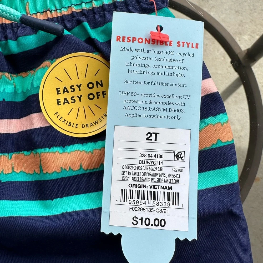Cat & Jack Striped Swim Trunks in Navy Blue/Green/Peach - Size 2T